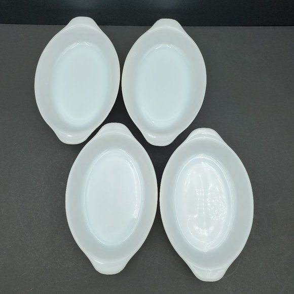 Anchor Hocking Fire King White Milk Glass Au Gratin Dishes Oval Swirl Casseroles - Picture 2 of 10